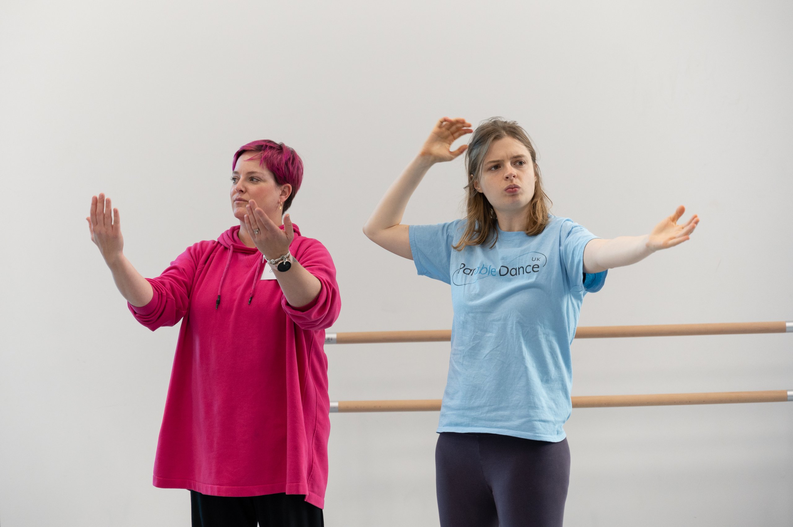 Two dancers stand side by side. One is wearing a pink jumper with hands wide but parallel to each other in front of them. Another dancer in a blue t-shirt with one arm extended out and the other bent towards their head. 